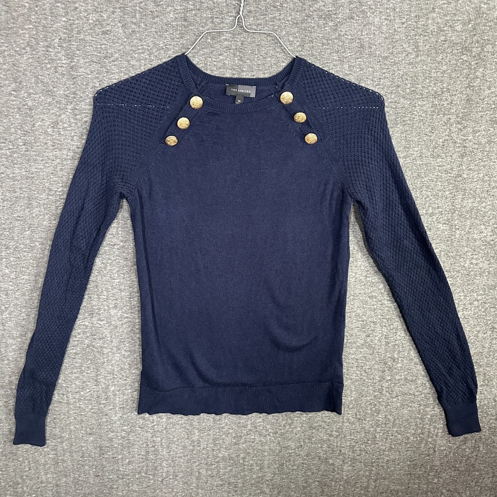 The Limited Women's Wool Blend Sweater M Navy Gold Button Pullover